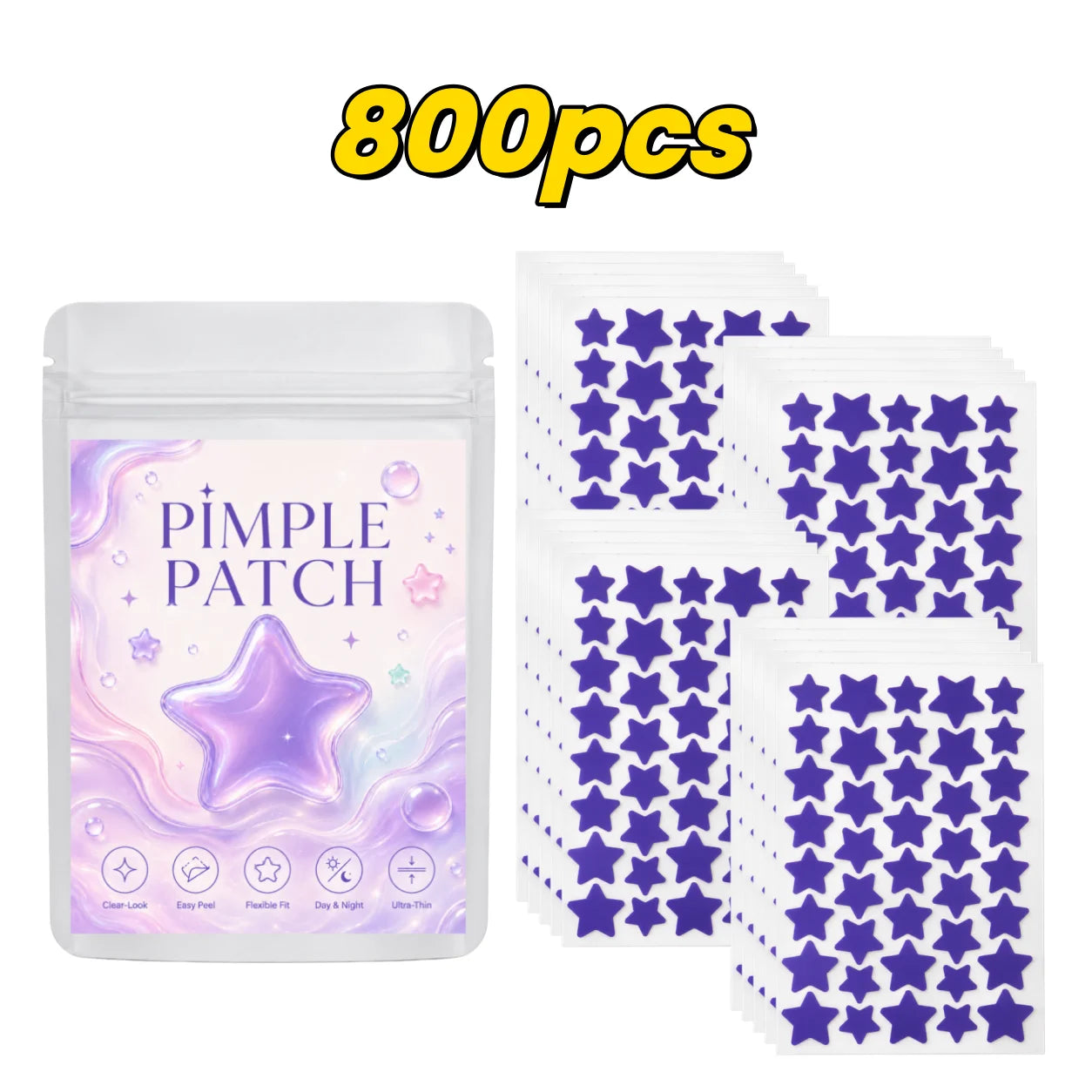 Pimple Patches (160/400/800 Pieces), 40 Patches per Sheet, Purple Star Shapes—Lightweight, Flexible, Soft Pastel Style