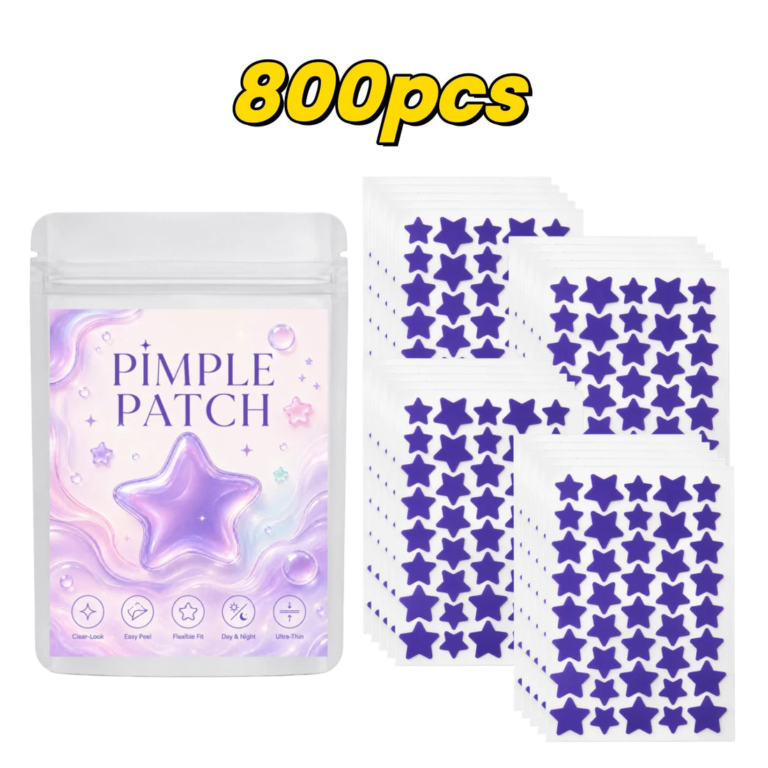 Pimple Patches (160/400/800 Pieces), 40 Patches per Sheet, Purple Star Shapes—Lightweight, Flexible, Soft Pastel Style