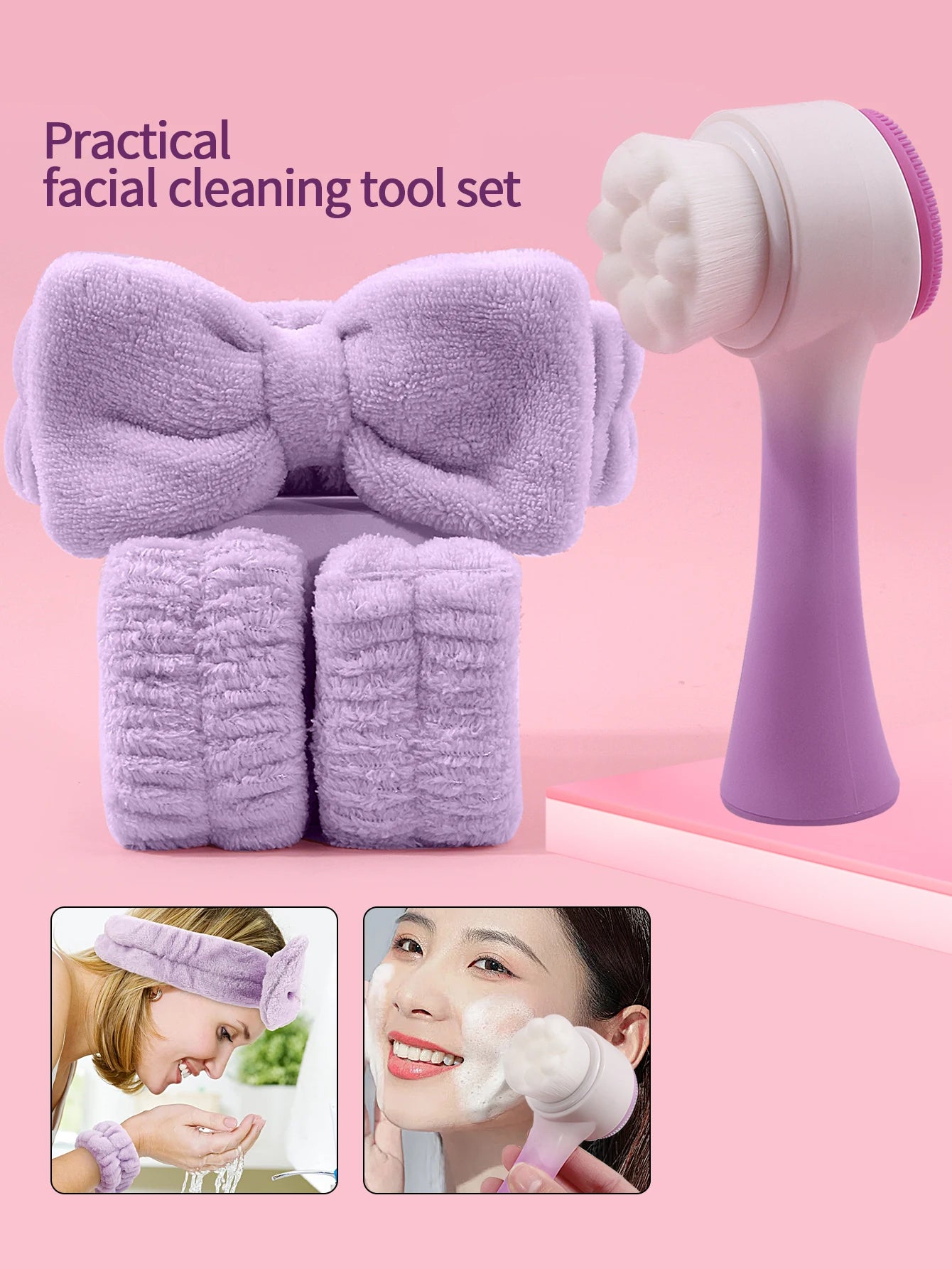 Silicone Facial Cleansing Brush Massage Care Face Brush & Spa Headband and Wristband Set Skin Care Headband