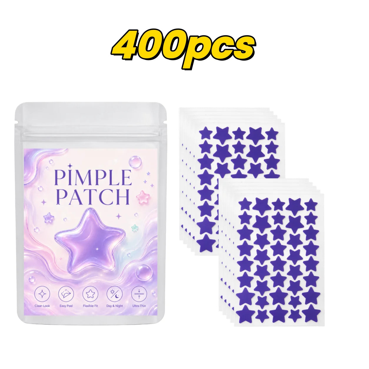 Pimple Patches (160/400/800 Pieces), 40 Patches per Sheet, Purple Star Shapes—Lightweight, Flexible, Soft Pastel Style