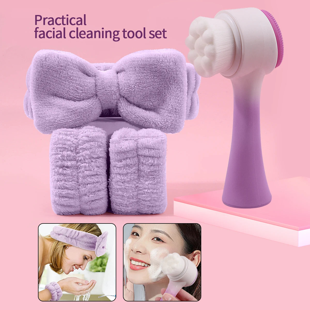 Silicone Facial Cleansing Brush Massage Care Face Brush & Spa Headband and Wristband Set Skin Care Headband