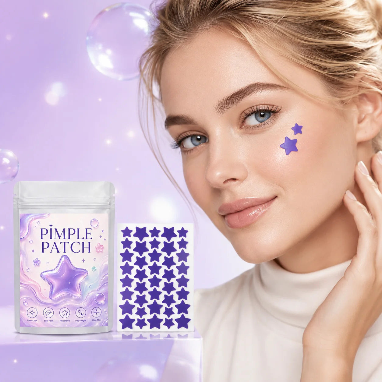 Pimple Patches (160/400/800 Pieces), 40 Patches per Sheet, Purple Star Shapes—Lightweight, Flexible, Soft Pastel Style