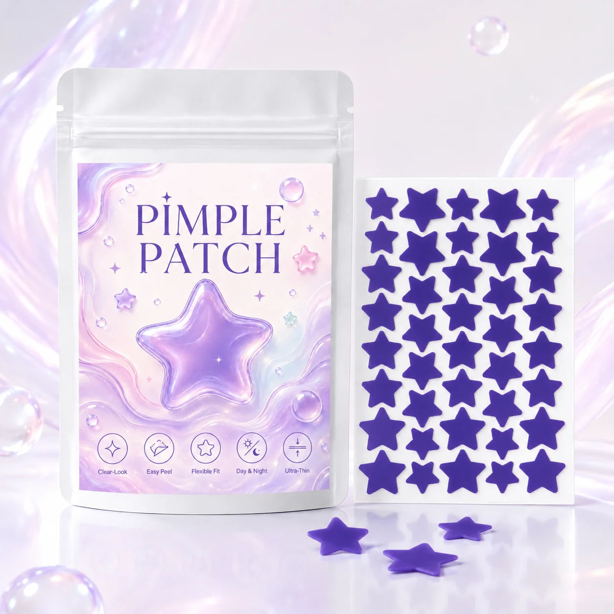 Pimple Patches (160/400/800 Pieces), 40 Patches per Sheet, Purple Star Shapes—Lightweight, Flexible, Soft Pastel Style