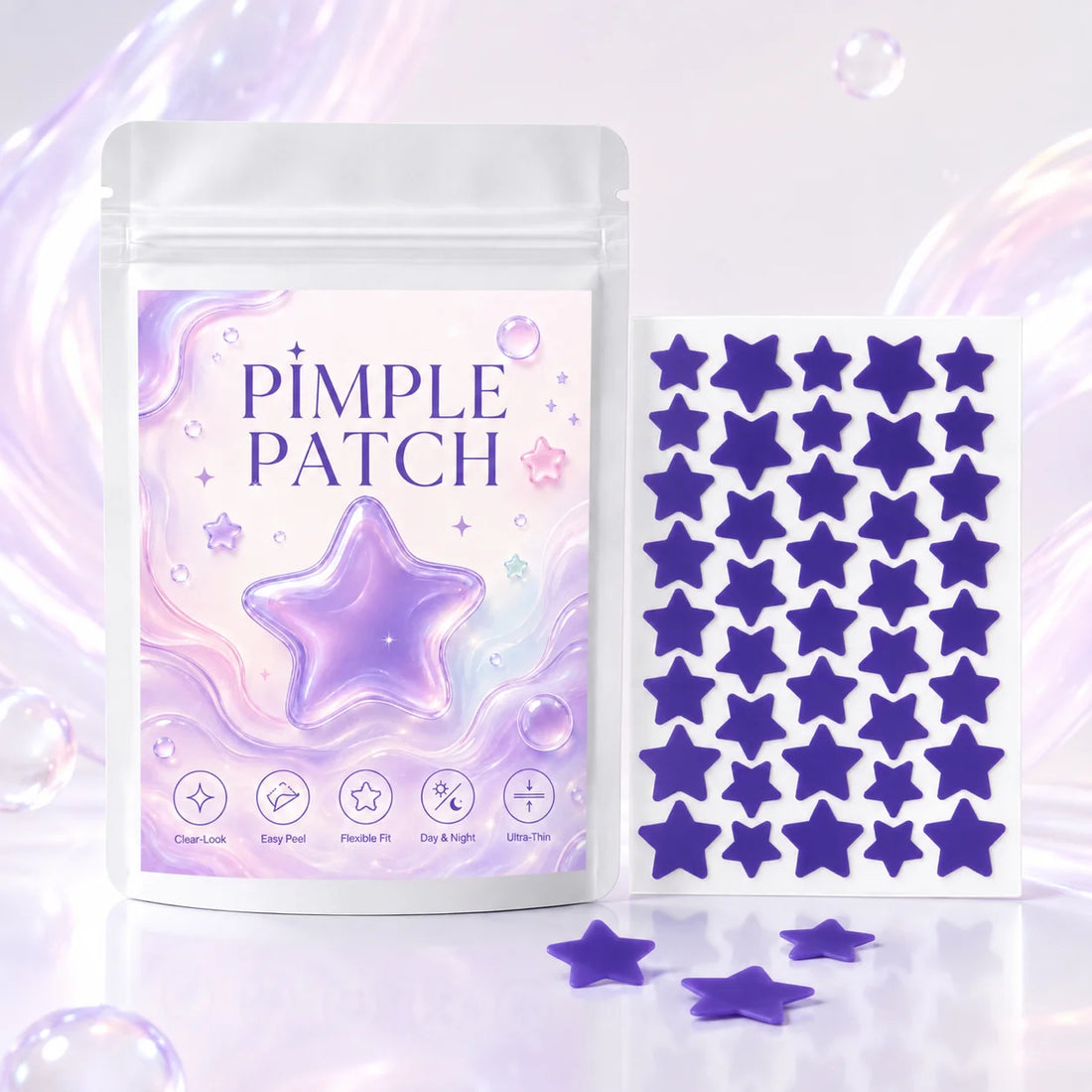 Pimple Patches (160/400/800 Pieces), 40 Patches per Sheet, Purple Star Shapes—Lightweight, Flexible, Soft Pastel Style