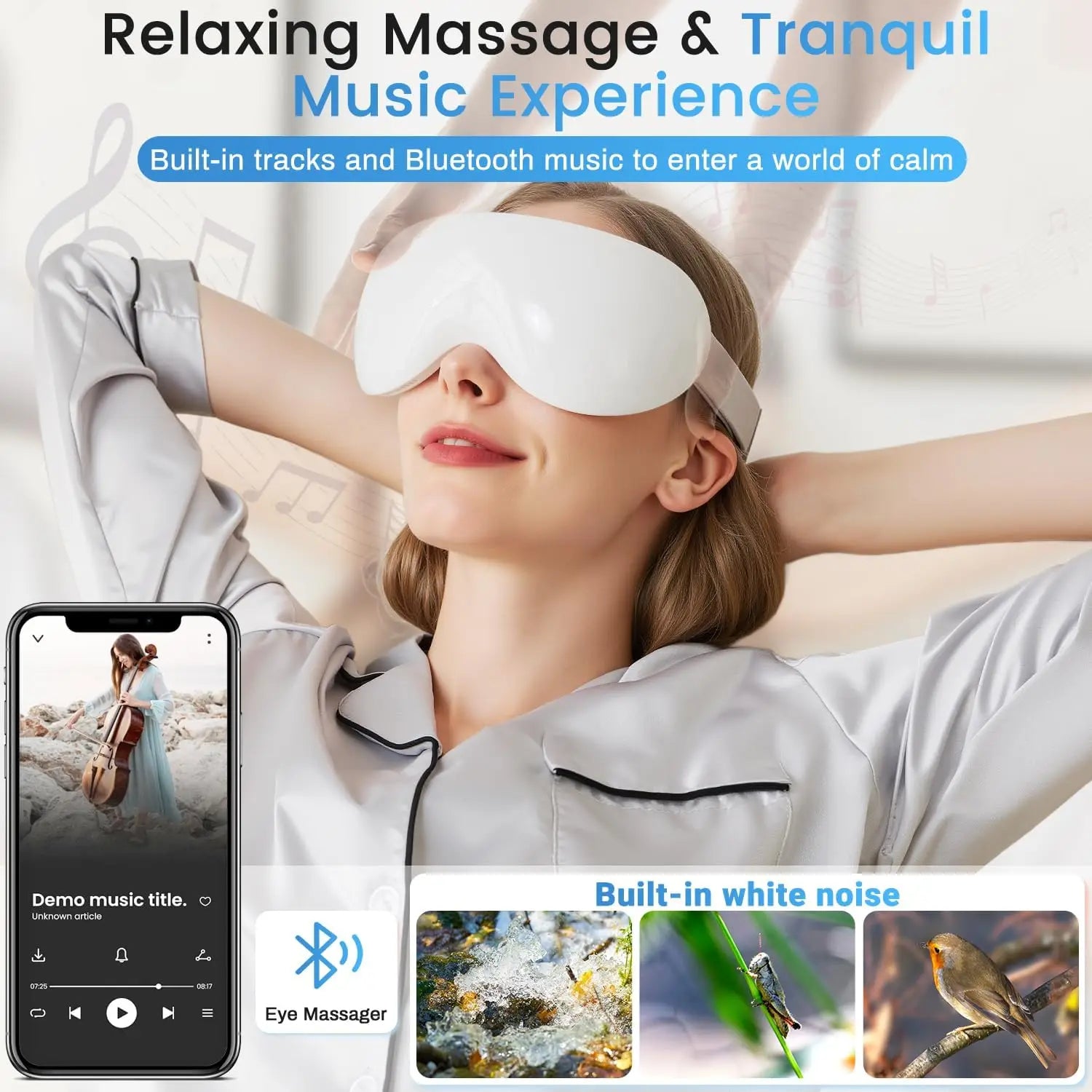 Eye Massager with Cooling 12 Vibration Node Rechargeable Relaxation Eye Care Device with Bluetooth for Puffiness Improve Sleep