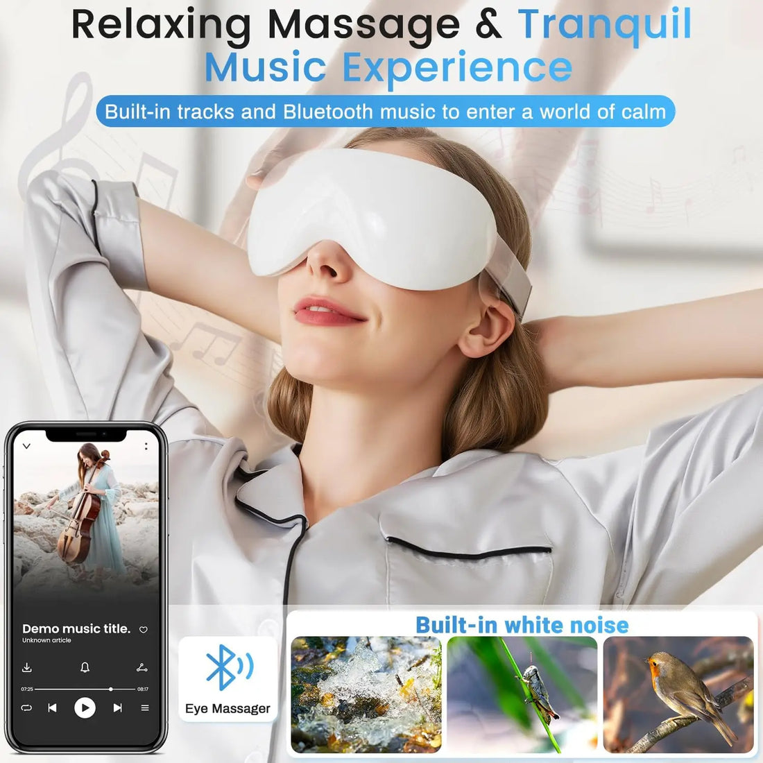 Eye Massager with Cooling 12 Vibration Node Rechargeable Relaxation Eye Care Device with Bluetooth for Puffiness Improve Sleep