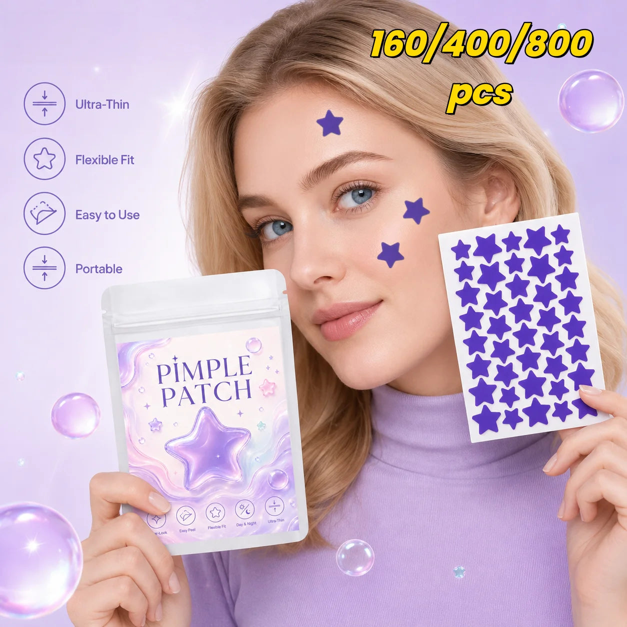 Pimple Patches (160/400/800 Pieces), 40 Patches per Sheet, Purple Star Shapes—Lightweight, Flexible, Soft Pastel Style