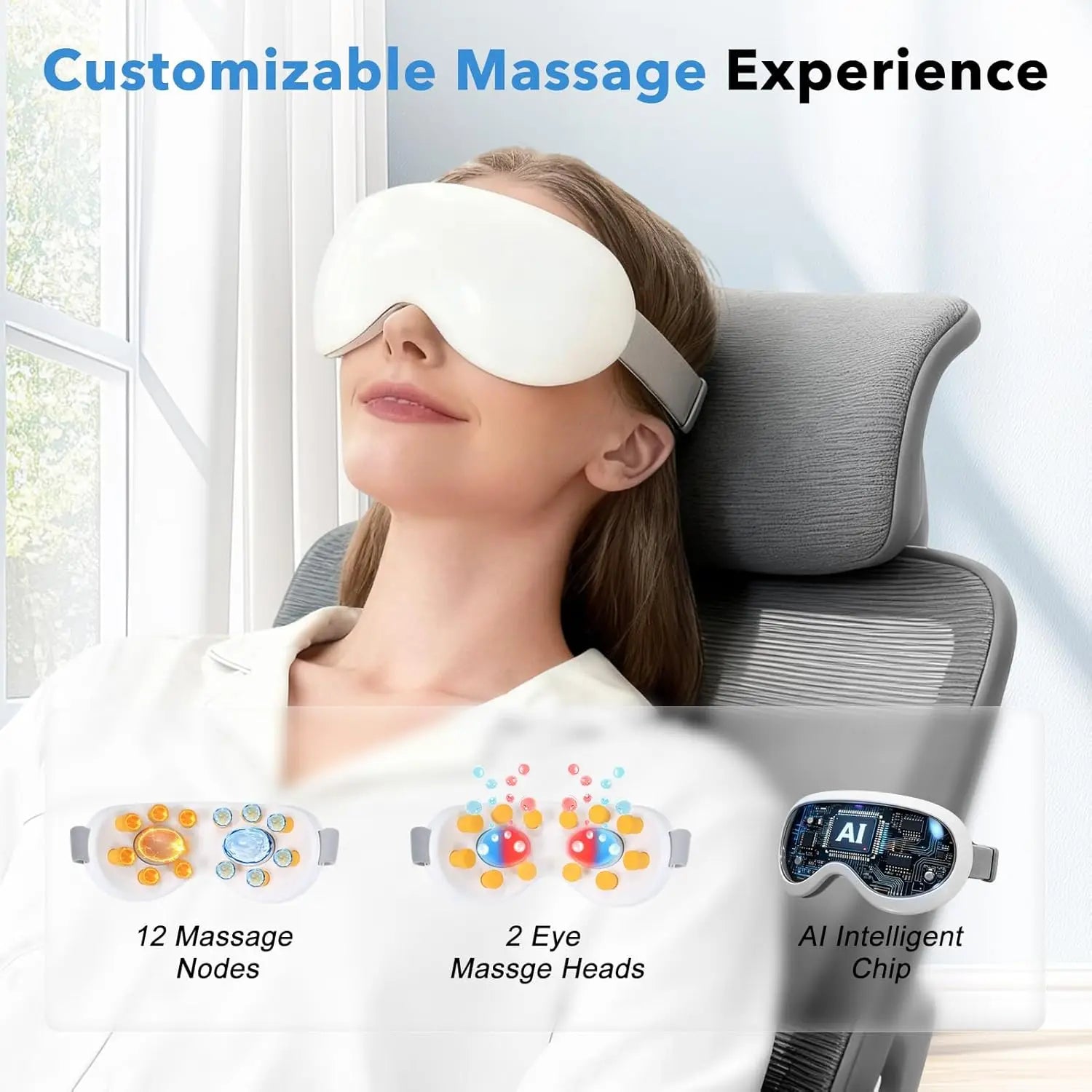 Eye Massager with Cooling 12 Vibration Node Rechargeable Relaxation Eye Care Device with Bluetooth for Puffiness Improve Sleep