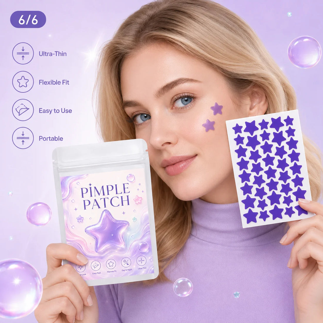 Pimple Patches (160/400/800 Pieces), 40 Patches per Sheet, Purple Star Shapes—Lightweight, Flexible, Soft Pastel Style