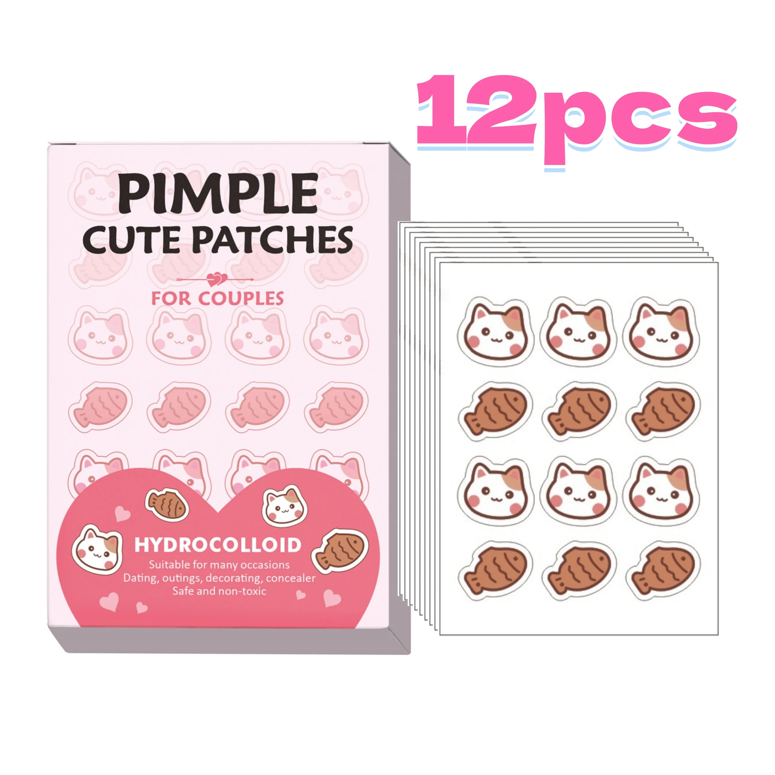 12pcs Cute cartoon pimple patch, suitable for many occasions, skin gentle, waterproof, for both men and women