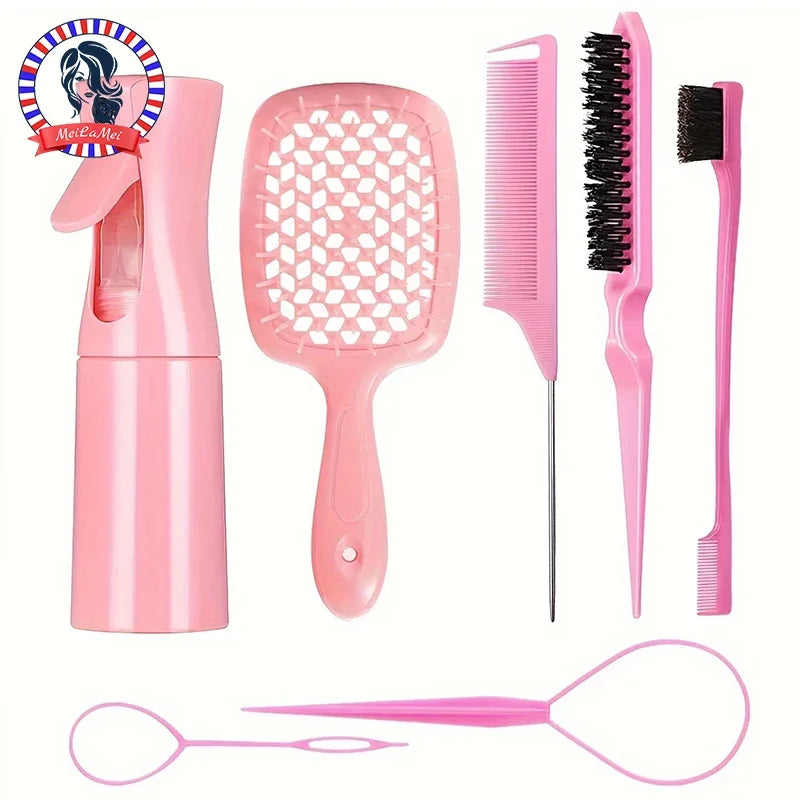 Hair Styling Kit for All Hair Types - 7Pcs Set with Detangler Brush  Bristle & Double-Sided Edge Brushes Scalp Massager Salon